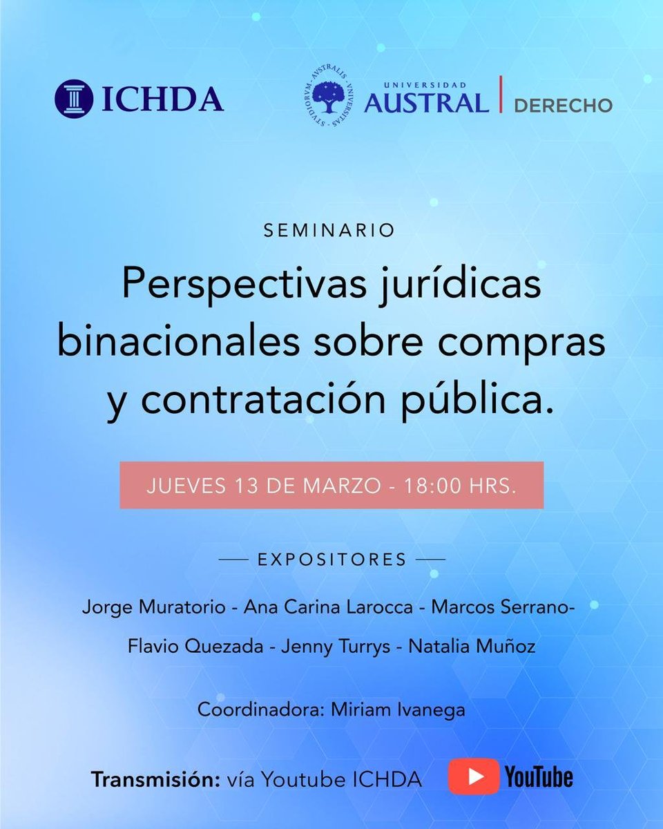 ichdacl's tweet photo. Iniciamos nuestro ciclo de seminarios #ICHDA este jueves #13marzo ¡No te lo pierdas!
Conversamos sobre “Perspectivas jurídicas binacionales sobre compras y contratación pública” con destacados abogados de #Argentina y #Chile
https://t.co/ueKcWeD2LW https://t.co/STlKzBRNk7