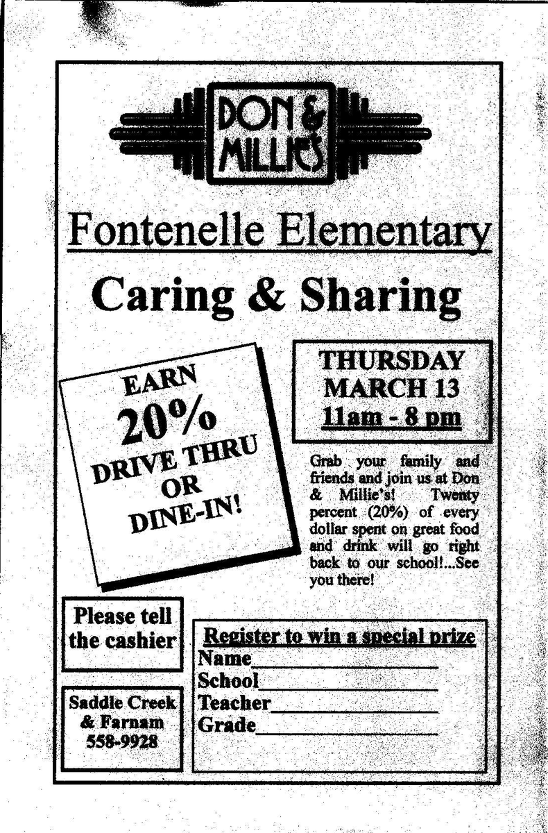Fontenelle Elementary is partnering with Don &amp; Millie’s for a Caring &amp; Sharing event! On Thursday, March 13, from 11 AM - 8 PM, 20% of all sales (dine-in or drive-thru) will go directly to support our school!

Tell the cashier you're supporting Fontenelle at checkout!