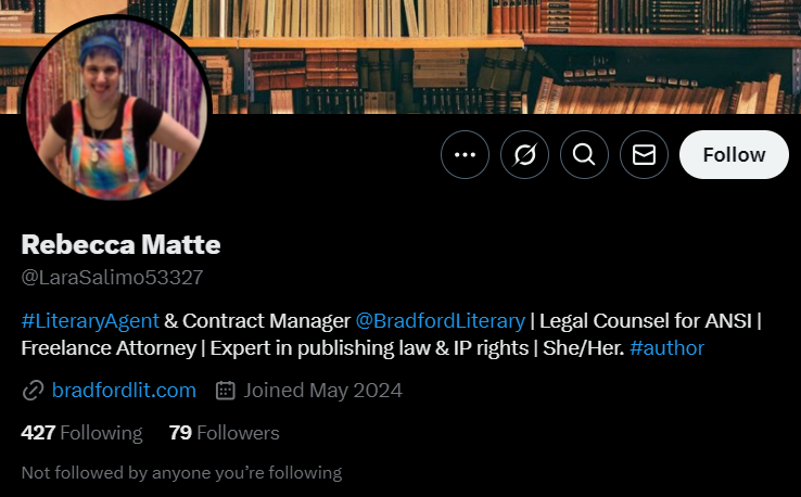Bradford_Agents's tweet photo. It has come to our attention that our agent Rebecca Matte is being impersonated on X. She is no longer on X, so any account here (like the one pictured below) is fake. Please consider reporting this account, and do not share your information with anybody claiming to be her on X. https://t.co/zvAU9SCfPz