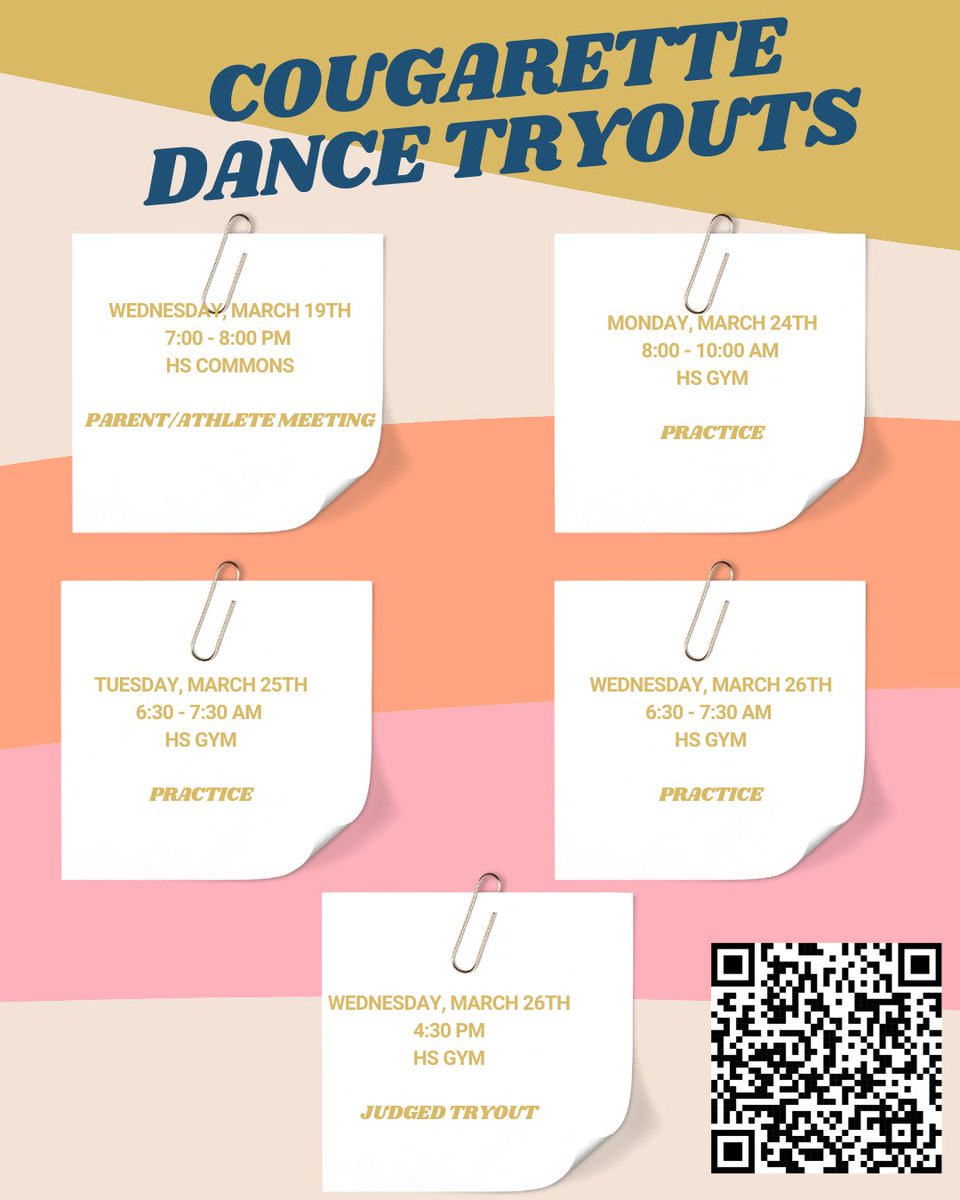 C1stogaDance's tweet photo. TRYOUT ANNOUNCEMENT! Are you interested in joining the Cougarette Dance Team? If you are entering grades 9-12th in the 2025-2026 school year, please fill out the link below by Wednesday, March 19th. The dates above are mandatory. https://t.co/OWIxsU9Q1J https://t.co/n0SGHOW1kB