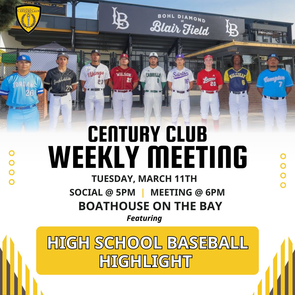 ⚾ Batter Up!

Join us for this week’s High School Baseball Highlight as local coaches pitch their teams’ stories and preview the season ahead. Join us for a home run of a meeting!

Tuesday, March 11
5PM Social
6PM Meeting
Boathouse on the Bay

#CenturyClubLB