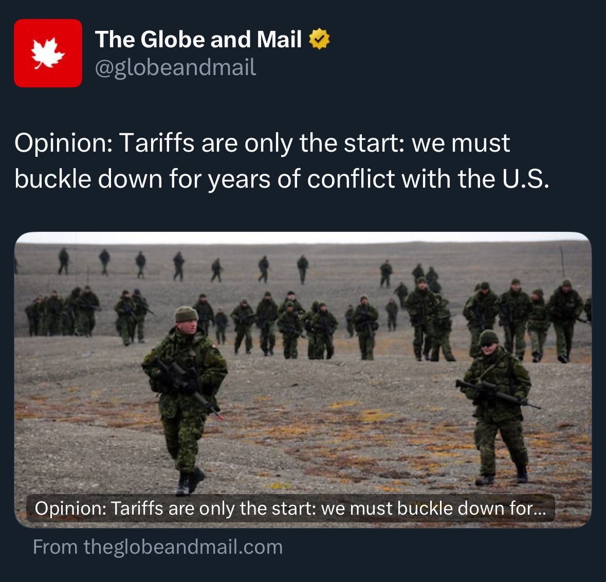 ryangerritsen's tweet photo. This is crazy. These are the globalists at work. Spinning Canadians up in believing we will be going to war against the U.S. 
Just look at this post &amp; the picture they used. Canadians are under endless psyops. https://t.co/CxWeY3Lllv