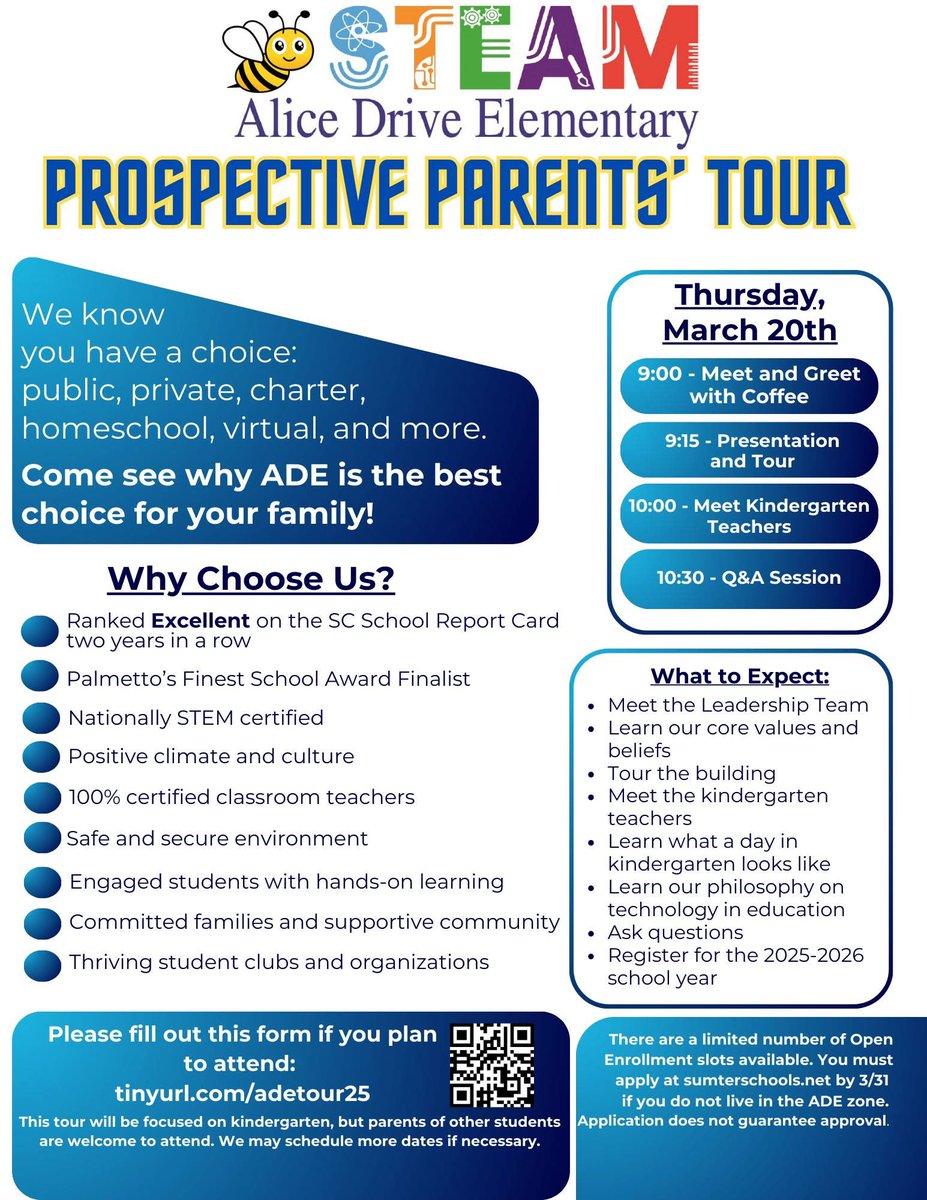 Spread the word to family and friends! Tell them to come see why ADE is the place to BEE! This event is open to the public with an emphasis on parents of children entering kindergarten for the 2025-2026 school year.
tinyurl.com/adetour25