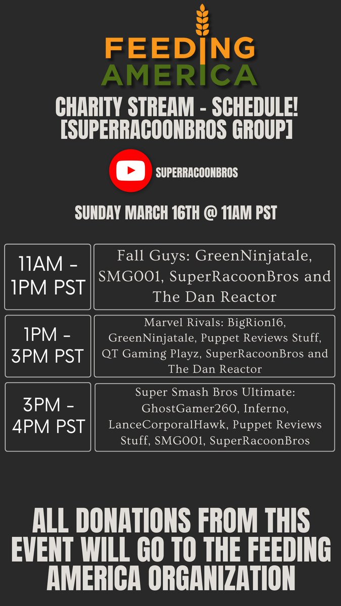🚨Join Me, <a href="/Viger13/">Viger</a>, <a href="/NevaehEvol/">Nevs | 🌠🪞 | vtuber</a> &amp; 19 AMAZING Creators this Sunday at 11 AM PST as we raise money for <a href="/FeedingAmerica/">Feeding America</a>! 

Viger &amp; Nevaeh’s Group: Among Us, Gartic Phone, Jackbox Party Pack!

My Group: Fall Guys, Marvel Rivals, Super Smash Bros. Ultimate!