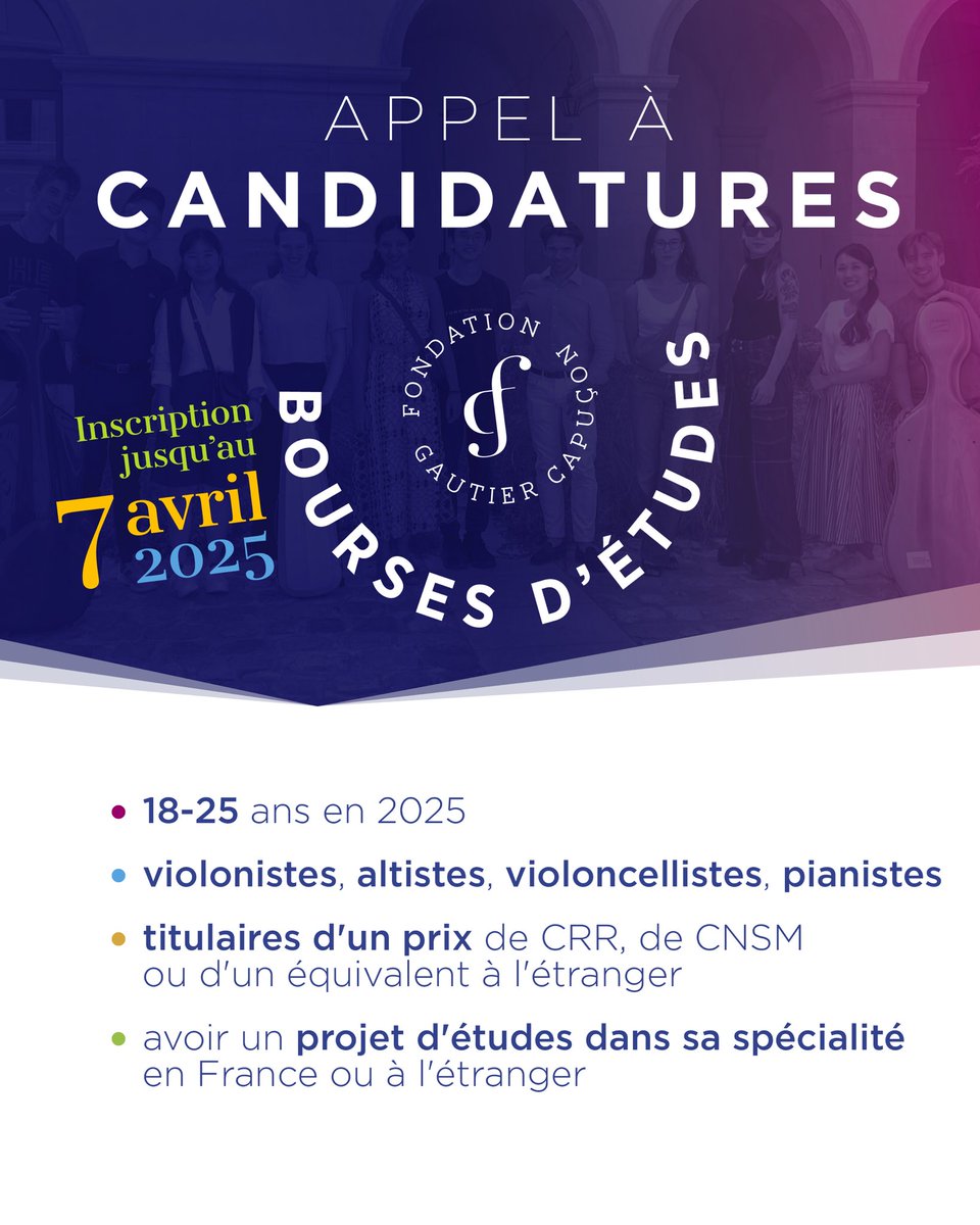 Fondation Gautier Capuçon (@fondationgc) on Twitter photo Applications for the @fondationgautiercapucon are open! 🎻🎹
You are a violinist, a violist, a cellist, or a pianist with a strong academic background and a clear study project in France or abroad? This is for you!
📅 Until April 7:
muvac.com/fr/scholarship…
<a href="/GautierCapucon/">Gautier CAPUÇON</a> Applications for the @fondationgautiercapucon are open! 🎻🎹
You are a violinist, a violist, a cellist, or a pianist with a strong academic background and a clear study project in France or abroad? This is for you!
📅 Until April 7:
muvac.com/fr/scholarship…
<a href="/GautierCapucon/">Gautier CAPUÇON</a>