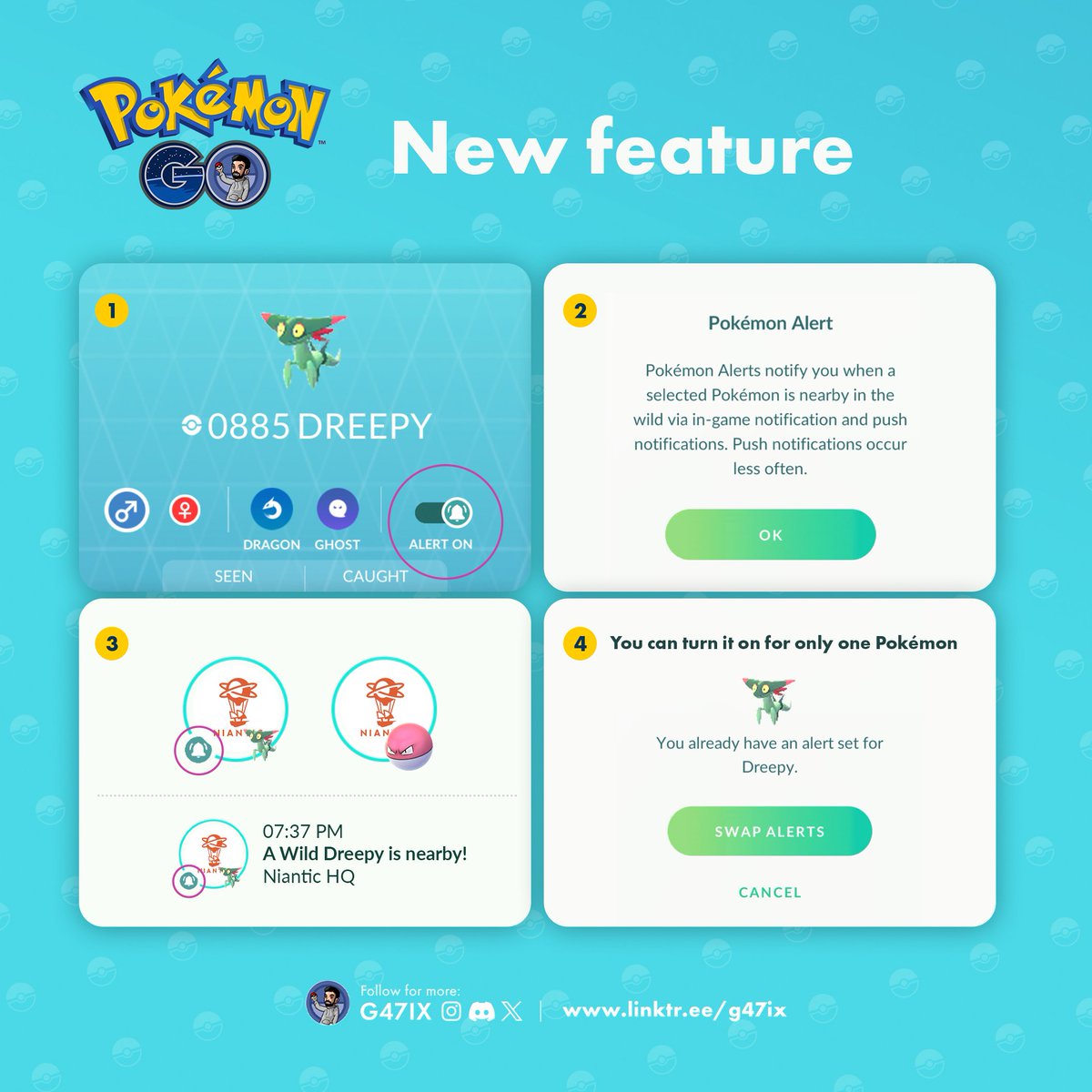 🚨 New Feature 

You can now enable Nearby Pokémon Alerts for one specific Pokémon via its Pokédex entry! 📍🔔

⚠️ Excluded Pokémon: Ditto, Zorua, Zoroark, Smeargle &amp; Kecleon.

PS. Set it to Azelf, Mesprit or Uxie👀

#PokemonGO