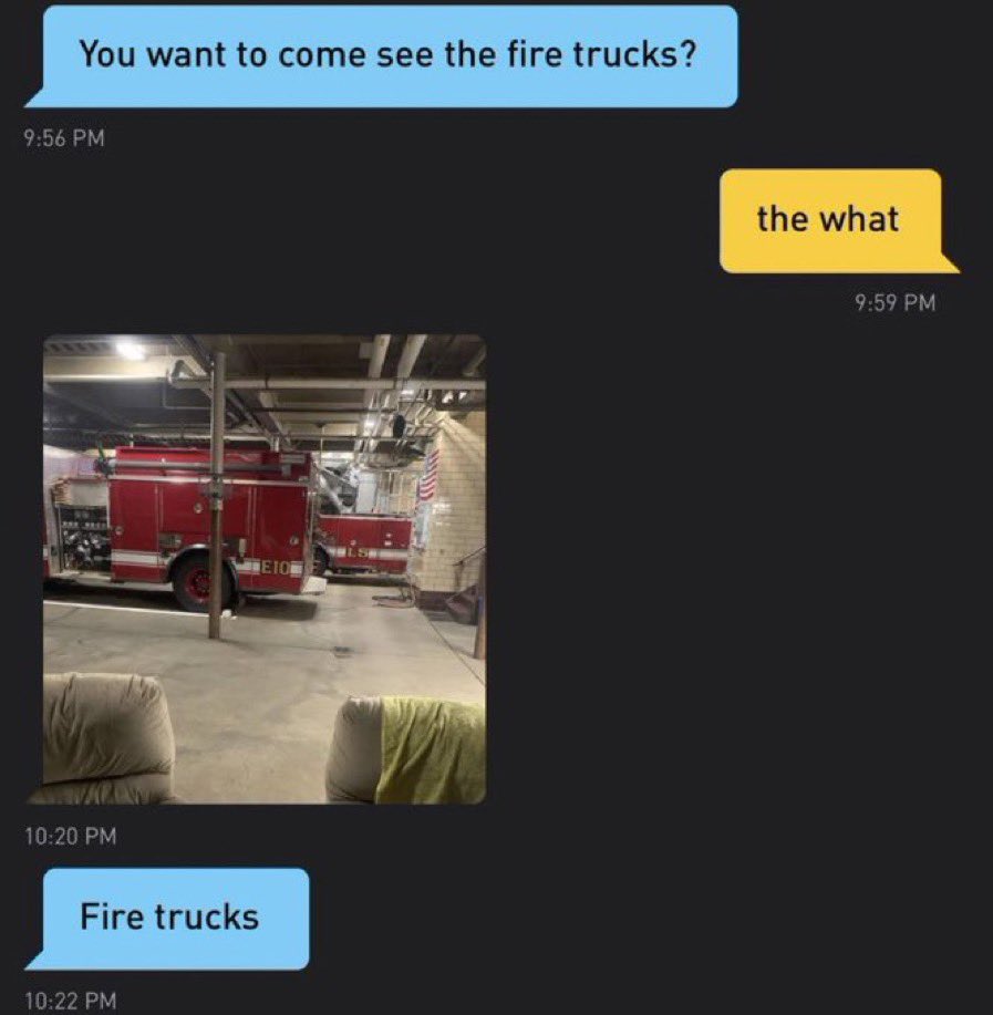 johyawnn's tweet photo. This being one of my fav Grindr screenshots ever… i would’ve been a moth to a flame for those fire trucks https://t.co/y4IIbRP2YE