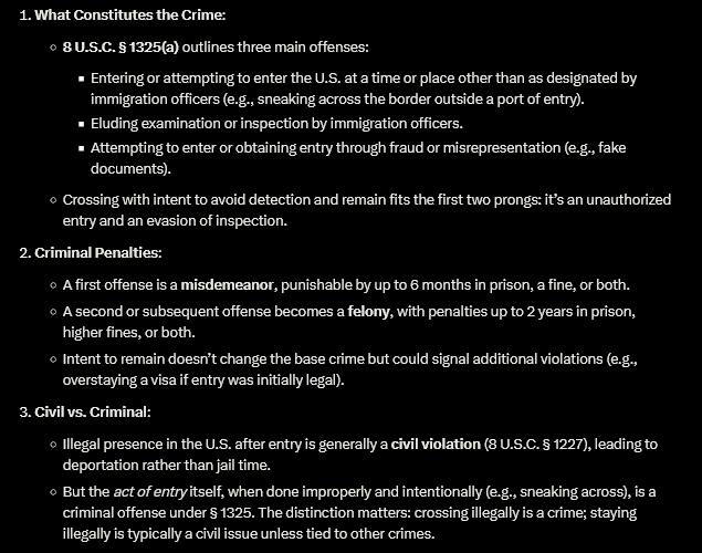 VRWCTexan's tweet image. Lawyer @RepJasmine is lying.
The mere act of a foreign national illegally crossing the U.S. border 
With the #intent_to_avoid_detection 
And #remain in the country
Is considered a crime under federal law. 
INA: 8 U.S.C. § 1325, titled "Improper Entry by Alien."