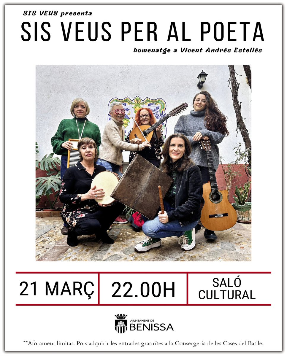 El pròxim divendres 21 de març, Sis Veus en concert a Benissa.L’accés al concert  gratuït, aforament és limitat.
 
Les entrades s’han de recollir els dies previs en la consergeria de Les Cases del Batlle (C/ de La Puríssima, 38).
 
També es poden reservar en cultura@ajbenissa.es