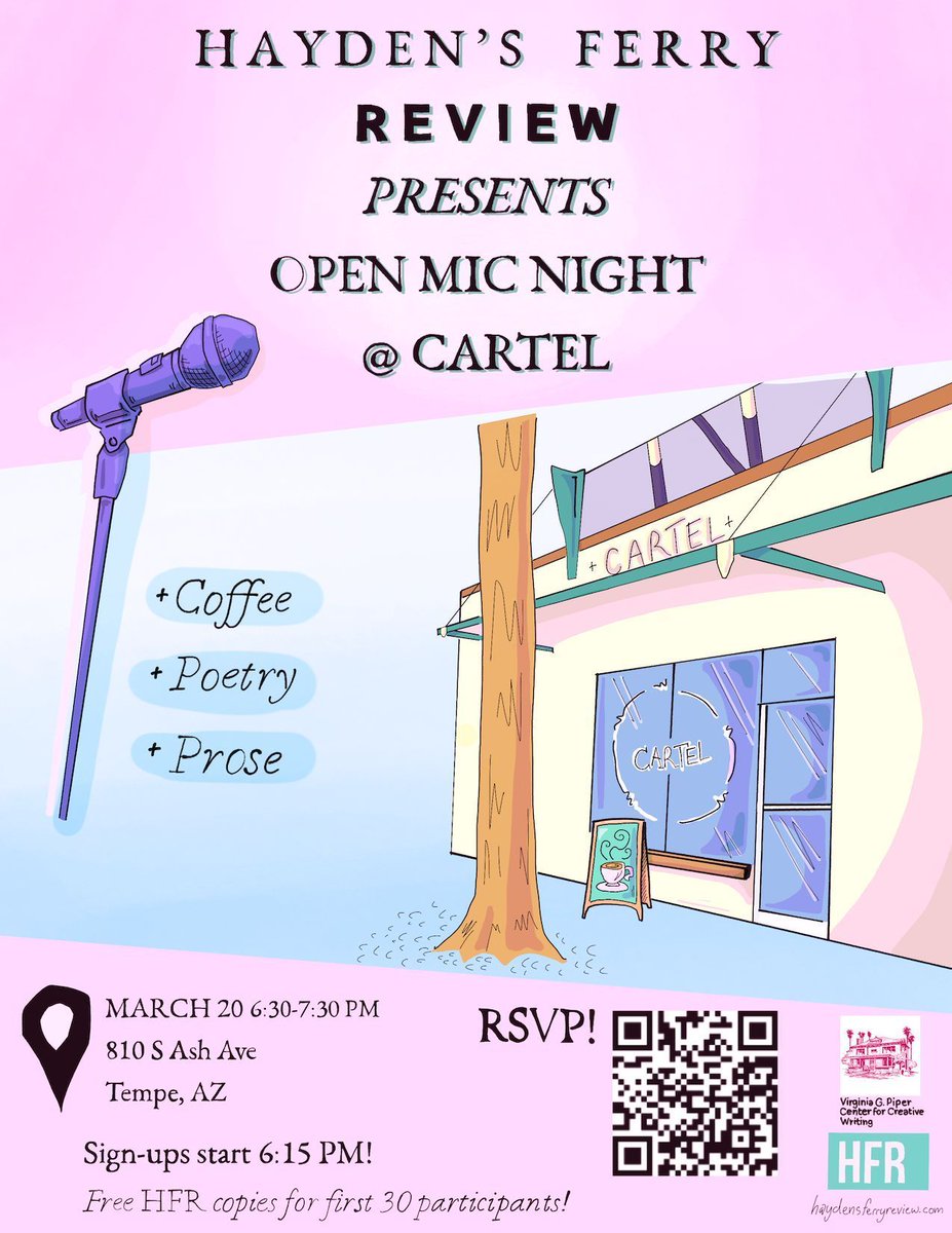 Tempe and Phoenix area poets, storytellers, and coffee lovers – join us for a FREE Open Mic Night at Cartel Roasting Co. in Tempe! 

📅  Thursday March 20, 6:30-7:30 PM, Sign-ups start at 6:15 PM! 
🎁 Free HFR copies for the first 30 participants! 

RSVP: docs.google.com/forms/d/e/1FAI…