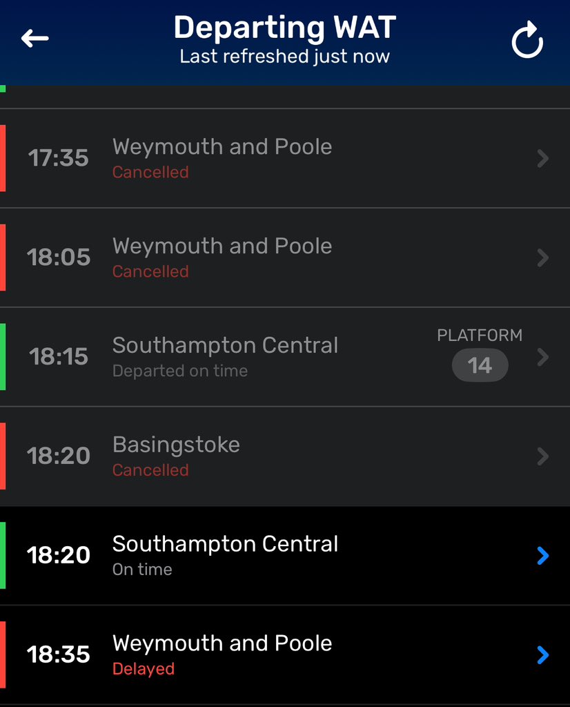 a_foolonthehill's tweet photo. I was all ready to commend @SW_Help for adding SOU to other WAT services, in lieu of any WEY trains. But having told us to get on the 1820 WAT-BSK it now shows as cancelled in the timetable. Is this really still going to SOU because the guard thinks it is? https://t.co/zDidMPP5gK