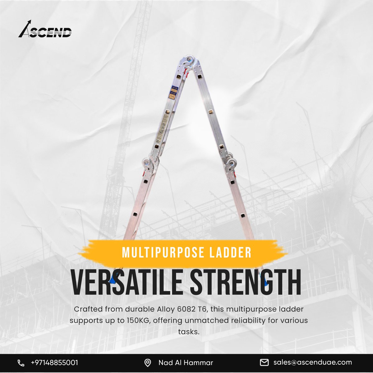 Ascendscaffold's tweet image. Elevate your work with the Multipurpose Ladder from Ascend

📍 Located in Nad Al Hammar
📞 +971 48855001
📧 sales@ascenduae.com
#AscendLadders #MultipurposeLadder #BuiltForStrength #ConstructionEssentials #LadderSafety