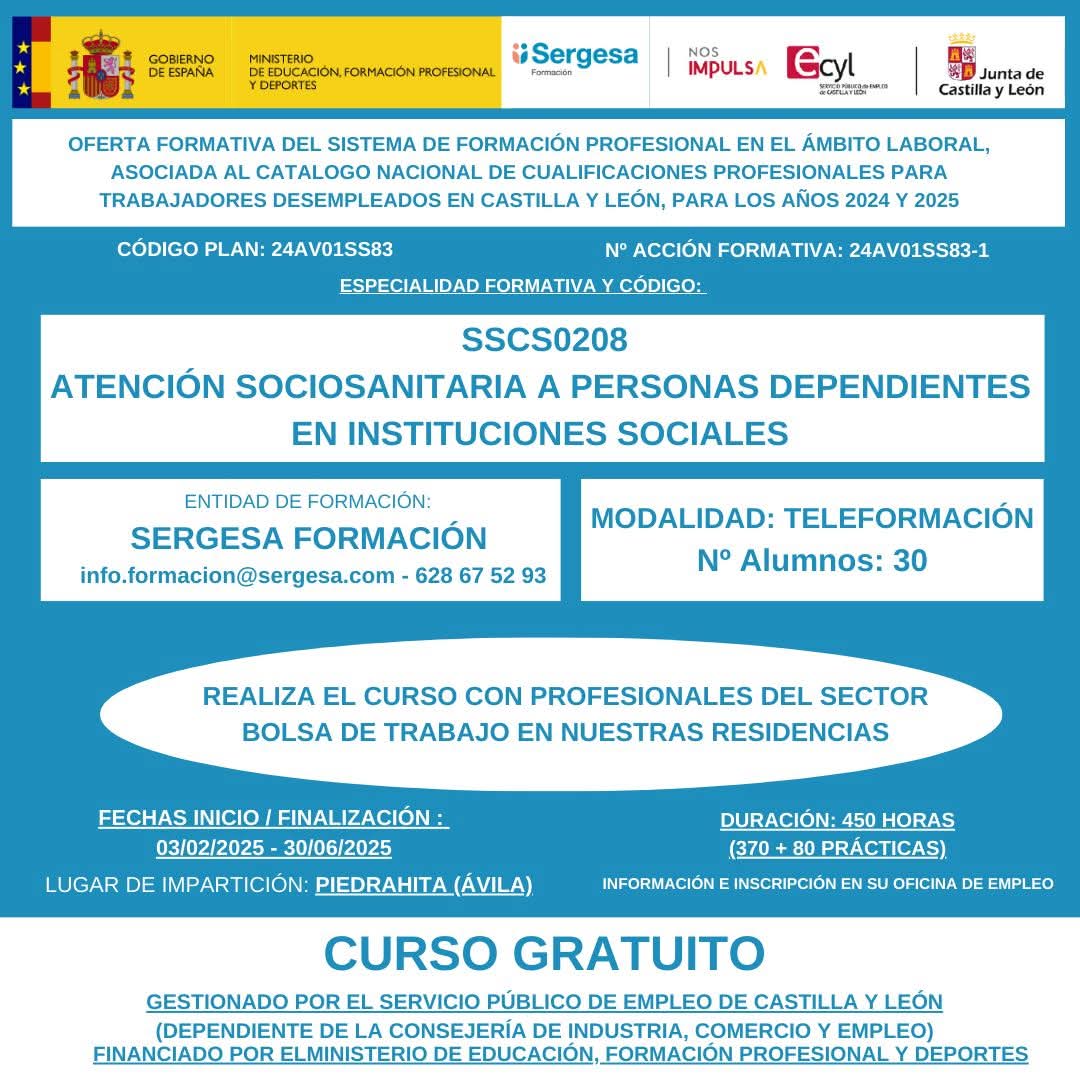 ⚠️ CURSO GRATUITO EN ÁVILA, MEDIANTE TELEFORMACIÓN, de Atención sociosanitaria a personas dependientes en instituciones sociales.

ℹ️Infórmate en: info.formacion@sergesa.com | 628675293

#Ávila #piedrahita #avilamagica #avilaautentica #cursos #cursogratuito