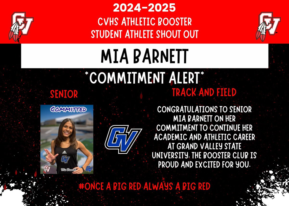 cvhs athletic boosters (@cvhsathboosters) on Twitter photo **๐พ๐๐๐๐๐๐๐๐๐ ๐ผ๐๐๐๐**
Congratulations to Class of 2025 Mia Barnett on making her committment to continue her academic and athletic career at Grand Valley State University. The Booster Club is excited and proud of you.
#BigRedFamily
#OnceABigRedAlwaysABigRed **๐พ๐๐๐๐๐๐๐๐๐ ๐ผ๐๐๐๐**
Congratulations to Class of 2025 Mia Barnett on making her committment to continue her academic and athletic career at Grand Valley State University. The Booster Club is excited and proud of you.
#BigRedFamily
#OnceABigRedAlwaysABigRed
