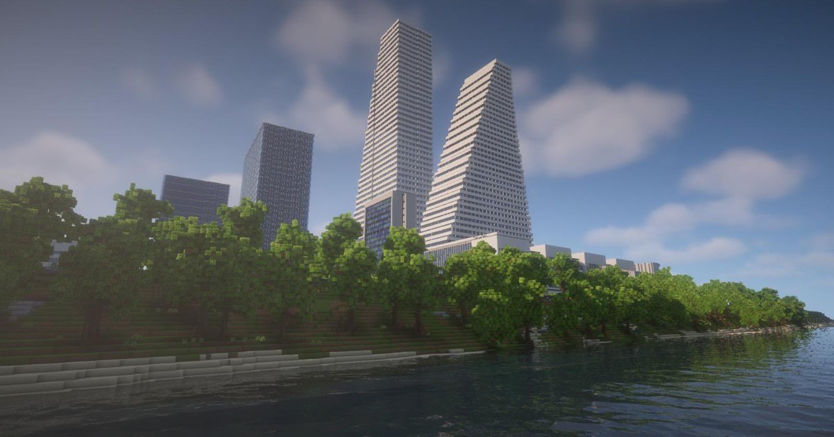 NaotoMC's tweet photo. The @Roche Towers built in @Minecraft. 
Post in @PlanetMinecraft: https://t.co/ouxeZetSVf https://t.co/MLd4MTVizW