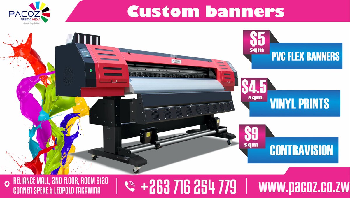 "Transform your vision into reality with our premium large format printing services! From stunning PVC and vinyl prints to eye-catching contravision designs, we bring your ideas to life. 

Visit us at Reliance Mall, 2nd Floor, SF20, corner Speke and Leopold Takawira, Harare.