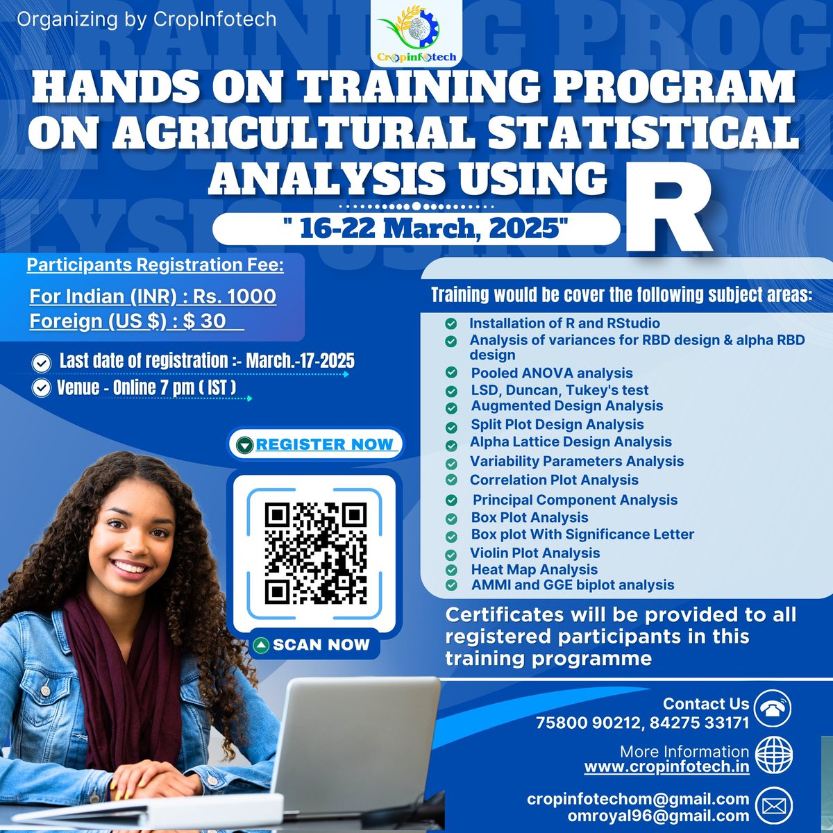 OmPankaj2's tweet image. "Hands-on Training Program on Agricultural Statistical Analysis" from March 16-22, 2025.
"One end solution for all the problems"
📈 Conducted by the Researchers for the Researchers🎓
Register now: cropinfotech.in
@Gurjeet_AgSci @Pradeepku98 @ShahhUsmaan @MeghnaMand91555
