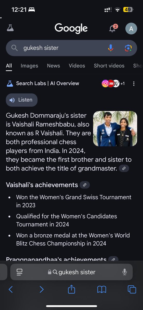 abprime5's tweet photo. @Google, correction needed: Gukesh D (@DGukesh) is not related to Vaishali Rameshbabu (@chessvaishali). Vaishali is the sister of GM Praggnanandhaa (@rpragchess). Accurate representation of our chess talents is crucial. @ChessbaseIndia https://t.co/2BbMzGaXXt