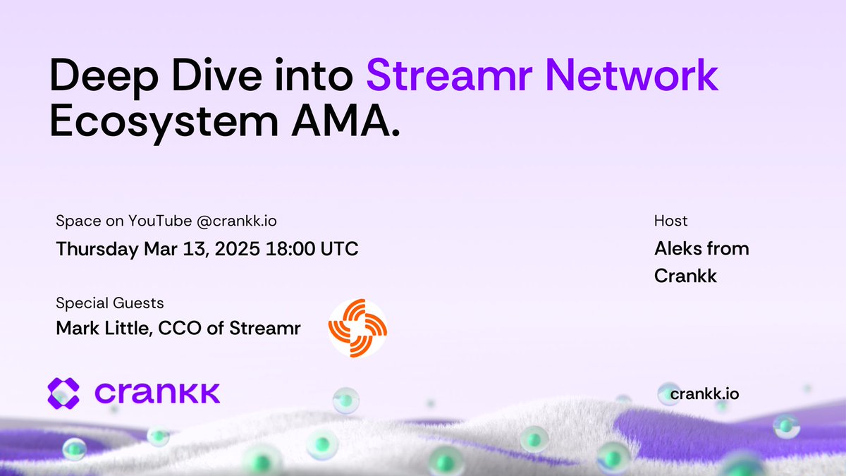 Deep Dive into <a href="/streamr/">Streamr Network</a> Ecosystem!

This Thursday, March 13th, at 18:00 UTC, join us for an electrifying YouTube AMA featuring Mark Little, CCO of <a href="/streamr/">Streamr Network</a>, hosted by Aleks from Crankk.

What to expect?

• Discover how Streamr is revolutionizing decentralized data sharing. •