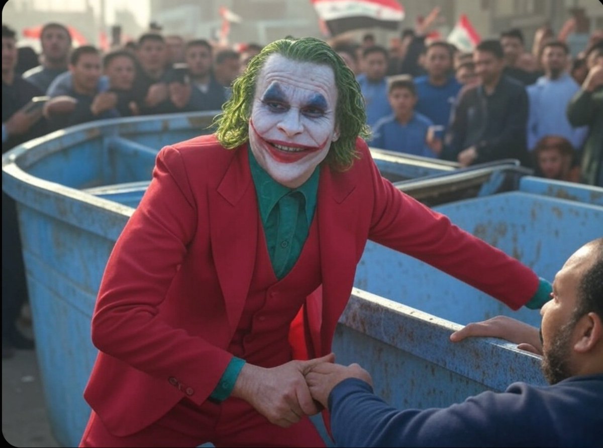 "الجوكر ليس شخصًا… إنه فكرة، فكرة تجسدت في كل شاب ثائر رفض الظلم والفساد! 🚧🔥"

في شوارع بغداد، حيث انتفض الغضب وتحولت الهتافات إلى أفعال، يقف الجوكر، لا كشخص بل كرمزٍ لكل من سئم الخداع والنهب. بيدٍ واثقة، يمسك بالفاسدين، لا ليصافحهم، بل ليلقي بهم في حاوية التاريخ، حيث ينتمون.