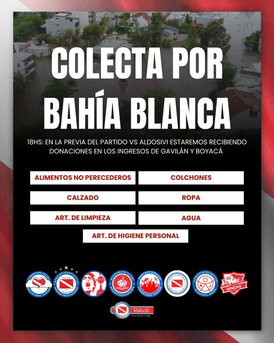 FundacionAAAJ's tweet photo. COLECTA POR BAHÍA BLANCA 🫂🐞

📅 18:00HS – PREVIA DEL PARTIDO VS. ALDOSIVI
📍 Ingresos de Gavilán y Boyacá.

También podés acercar tu donación en los diferentes puntos de recepción detallados en la publicación.

Tu ayuda es fundamental. ¡Sumate y hagamos la diferencia! ❤️

#AAAJ https://t.co/TjIfcewflv