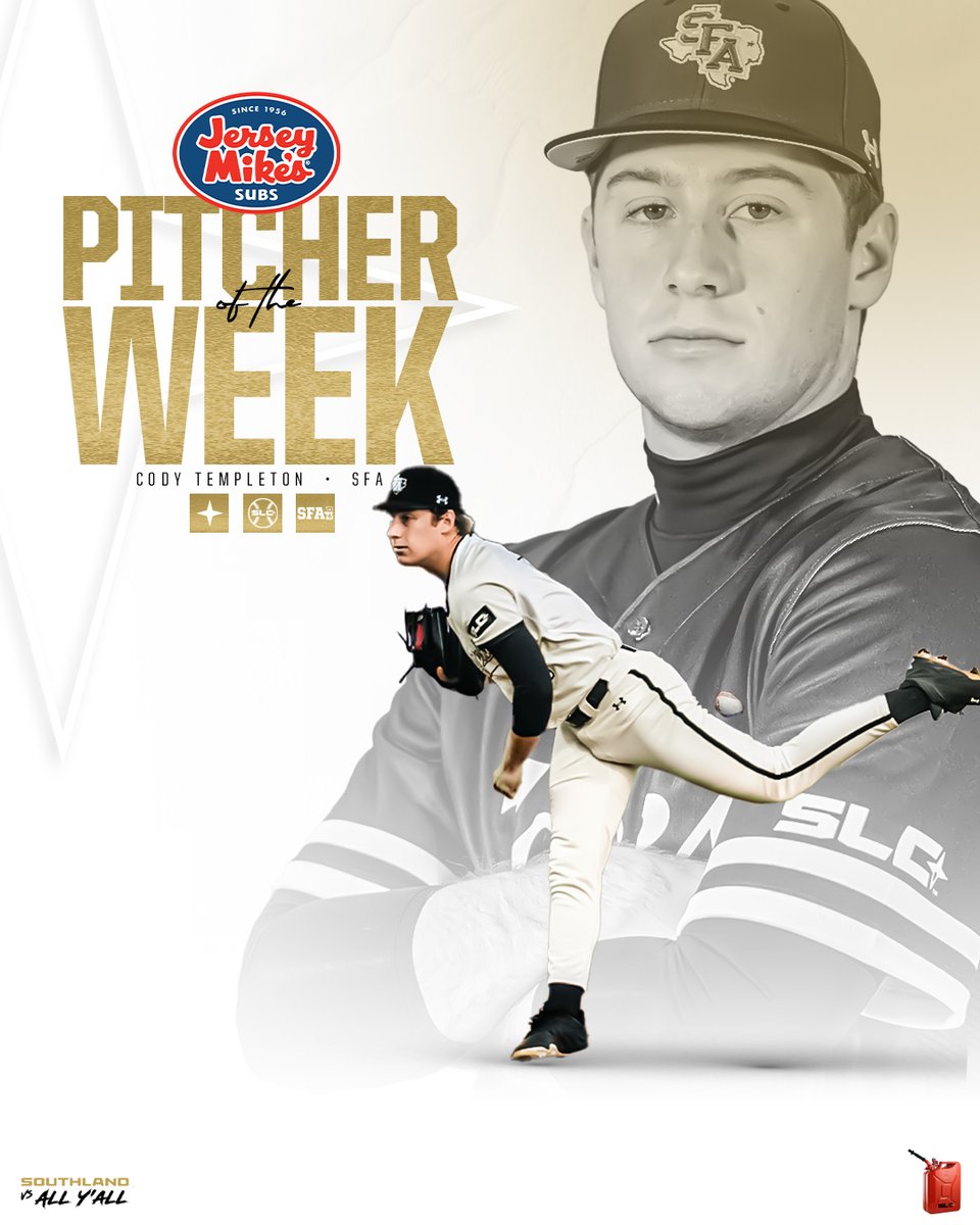DOMINANT OUTING

After tossing a complete game shutout over Lamar, striking out seven, SFA starter Cody Templeton has been named the <a href="/jerseymikes/">Jersey Mike's Subs</a> Southland Baseball Pitcher of the Week!

#GTL