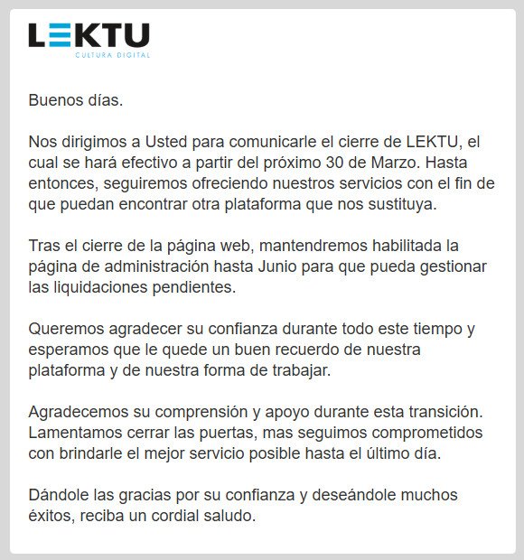 Nuestra gente de <a href="/lektu/">LEKTU</a> anuncia el cierre. Una gran pérdida que será difícil de superar. Gracias por todo y hasta siempre, compañer@s. 💔