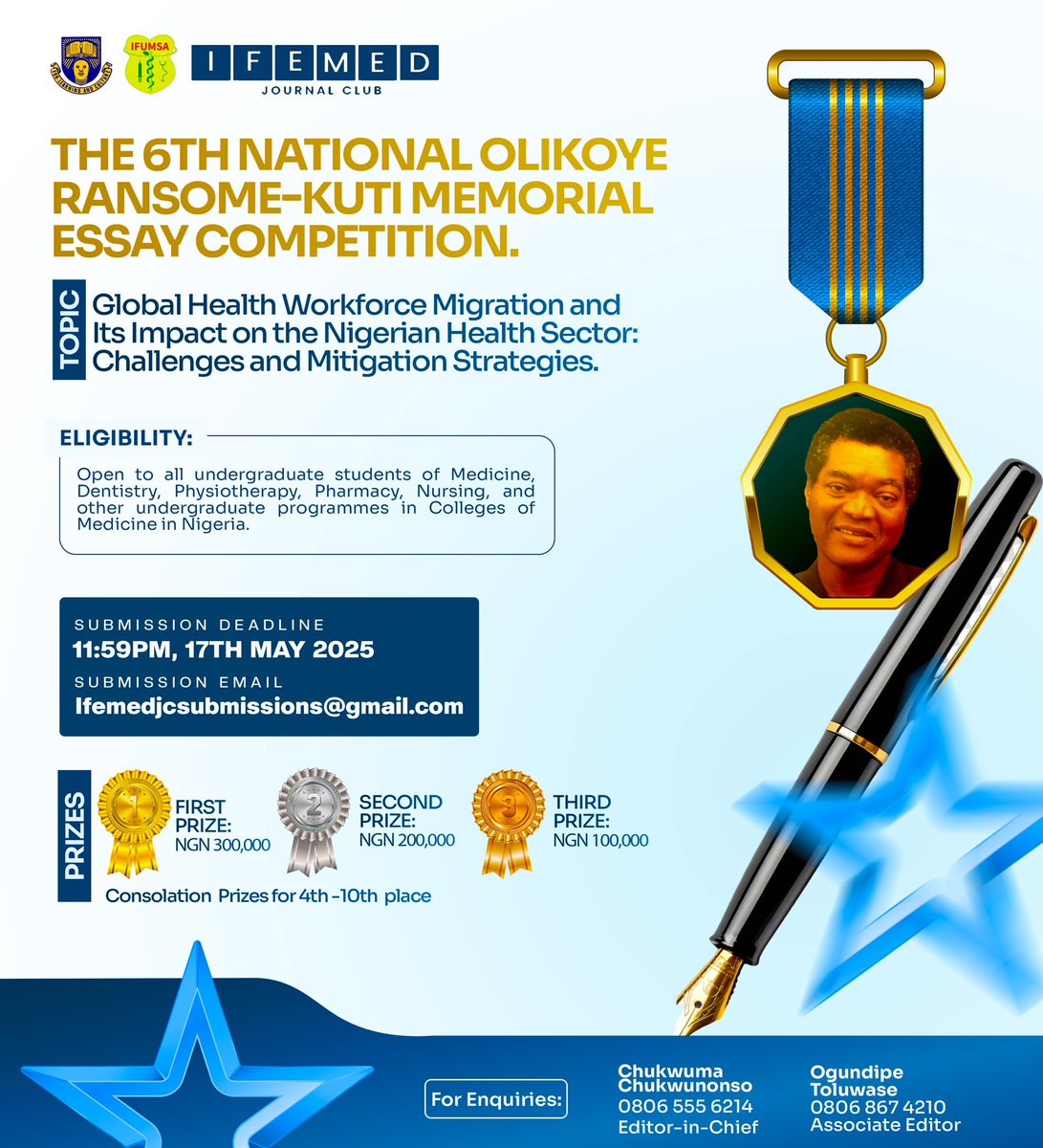 The Countdown Continues! 

The 6th National Olikoye Ransome-Kuti Memorial Essay Competition is still open. Don't miss this opportunity to showcase your ideas on Global Health Workforce Migration &amp; Its Impact on the Nigerian Health Sector.

🏆 Prizes up to NGN 300,000!