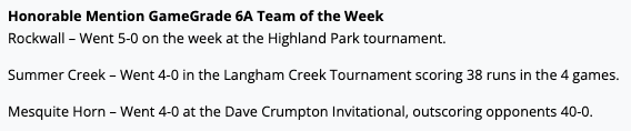 6ATxHSBaseball (@6atxhsbaseball) on Twitter photo The Honorable Mention <a href="/GameGrade/">GameGrade®</a> 6A Teams of the Week <a href="/Rockbaseball/">Rockwall Yellowjackets Baseball</a> <a href="/SCHS_Baseball1/">Summer Creek Baseball</a> <a href="/HornJBaseball/">Horn Jags Baseball</a> The Honorable Mention <a href="/GameGrade/">GameGrade®</a> 6A Teams of the Week <a href="/Rockbaseball/">Rockwall Yellowjackets Baseball</a> <a href="/SCHS_Baseball1/">Summer Creek Baseball</a> <a href="/HornJBaseball/">Horn Jags Baseball</a>