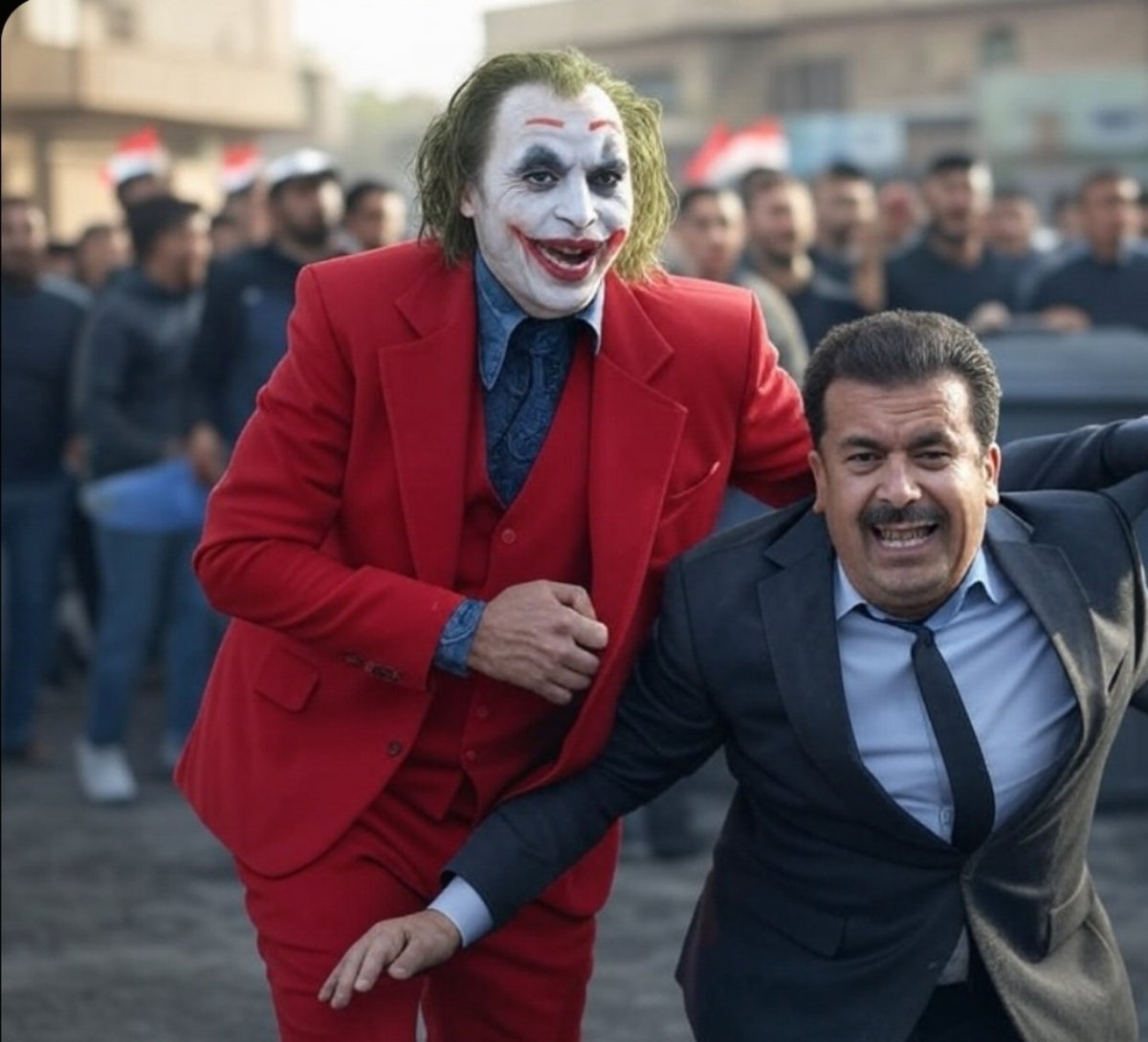 الجوكر ليس شخصًا… إنه فكرة، فكرة تجسدت في كل شاب ثائر رفض الظلم والفساد! 🚧🔥

في شوارع بغداد، حيث انتفض الغضب وتحولت الهتافات إلى أفعال، يقف الجوكر، لا كشخص بل كرمزٍ لكل من سئم الخداع والنهب. بيدٍ واثقة، يمسك بالفاسدين، لا ليصافحهم، بل ليلقي بهم في حاوية التاريخ، حيث ينتمون.