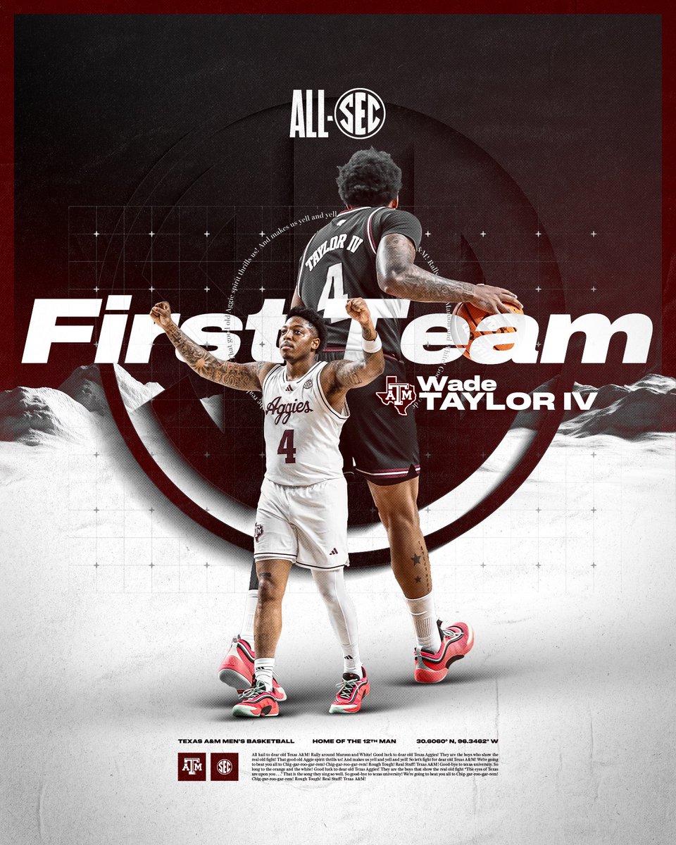 Texas A&M Basketball (@aggiembk) on Twitter photo Third year in a row 👏
4️⃣ Wade Taylor IV: First Team All-SEC
📰 aggi.es/43zhaMc
#GigEm | <a href="/wadetaylorIV/">TheWadeTaylorIV</a> Third year in a row 👏
4️⃣ Wade Taylor IV: First Team All-SEC
📰 aggi.es/43zhaMc
#GigEm | <a href="/wadetaylorIV/">TheWadeTaylorIV</a>