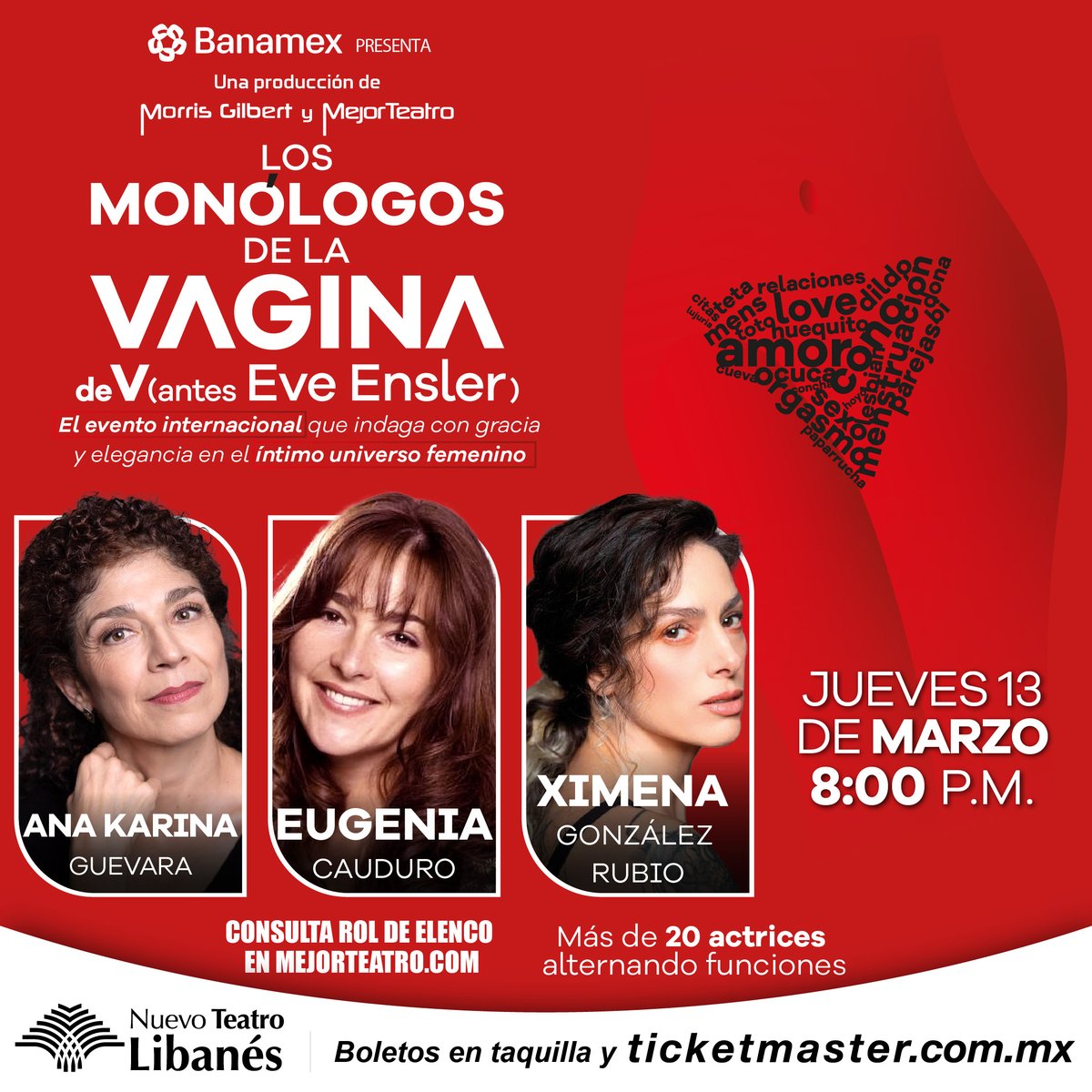 ¡Atención! Este jueves #EugeniaCauduro, <a href="/AnaKarinaGE/">Ana Karina Guevara</a> y #XimenaGonzálezRubio te contarán todo sobre el íntimo universo femenino en #LosMonólogosDeLaVagina.

📍 Nuevo Teatro Libanés
📆 Jueves 13 de marzo
⏰ Función a las 8:00 p.m.
🎟️ bit.ly/LosMonologosDe…