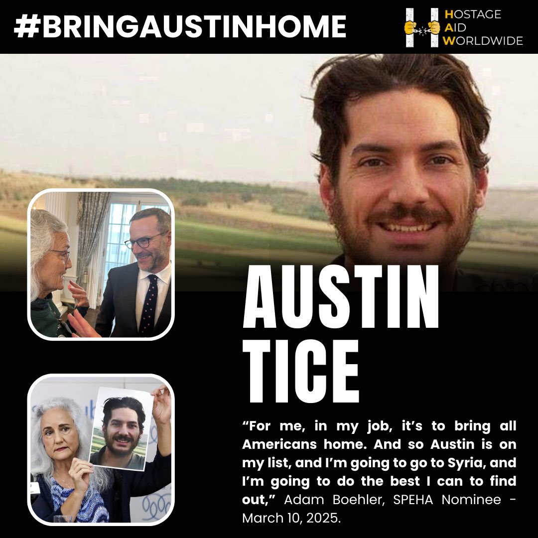 Hostage Aid Worldwide (@hostageaid) on Twitter photo Special Envoy for Hostage Affairs <a href="/aboehler/">Adam Boehler</a> met with Debra Tice, the mother of Austin Tice, & later on Sunday, he stated that he plans to travel to Syria in efforts to find him.
Austin has endured an unimaginable ordeal, & his family has fought relentlessly for his return. We Special Envoy for Hostage Affairs <a href="/aboehler/">Adam Boehler</a> met with Debra Tice, the mother of Austin Tice, & later on Sunday, he stated that he plans to travel to Syria in efforts to find him.
Austin has endured an unimaginable ordeal, & his family has fought relentlessly for his return. We