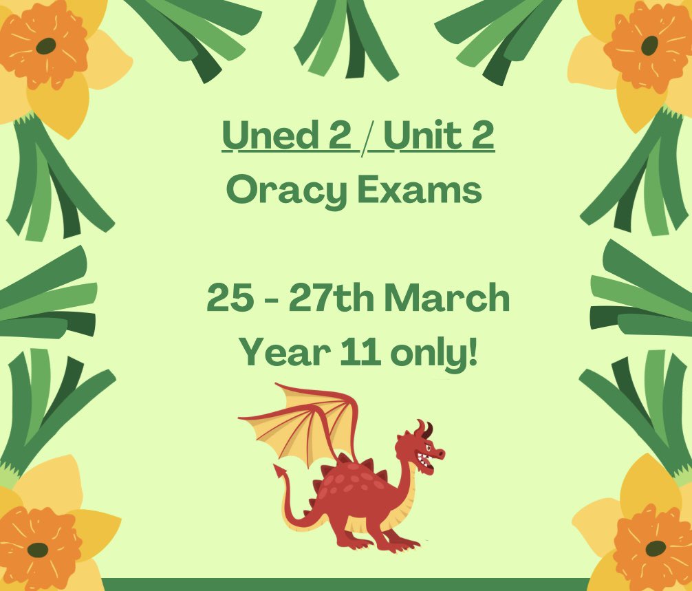 GCSE Welsh Oracy exams 🏴󠁧󠁢󠁷󠁬󠁳󠁿

Uned 1 / Unit 1: 18th - 20th March ( year 10 &amp; 11 resits)

Uned 2 / Unit 2: 25th - 27th March (year 11)

<a href="/Abersychansch/">Ysgol Abersychan School</a>