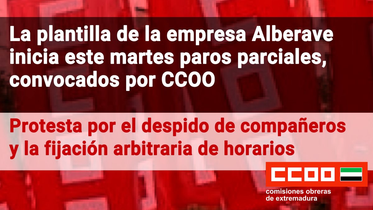 ccoo_ext's tweet photo. 🔴 La plantilla de la empresa Alberave inicia este martes paros parciales, convocados por CCOO

Protesta por el despido de compañeros y la fijación arbitraria de horarios

@ccooindustriaex https://t.co/W7bDfXNtci