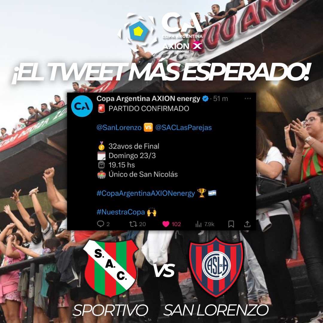 ¿𝑬𝒍 𝒕𝒘𝒆𝒆𝒕 𝒎á𝒔 𝒆𝒔𝒑𝒆𝒓𝒂𝒅𝒐? ¡𝑬𝑳 𝑻𝑾𝑬𝑬𝑻 𝑴Á𝑺 𝑬𝑺𝑷𝑬𝑹𝑨𝑫𝑶!✅⚽️

🏆 32vos de Final <a href="/Copa_Argentina/">Copa Argentina AXION energy</a>
📅 Fecha: 23/03
⌚️19:00 HS
🏟️ Único San Nicolás
🆚 <a href="/SanLorenzo/">San Lorenzo</a>

¡𝐄𝐥 𝐋𝐨𝐛𝐨 𝐚 𝐒𝐚𝐧 𝐍𝐢𝐜𝐨𝐥á𝐬!❤️💚

#ElMásGrandeDeLaRegión
#DaleLobo