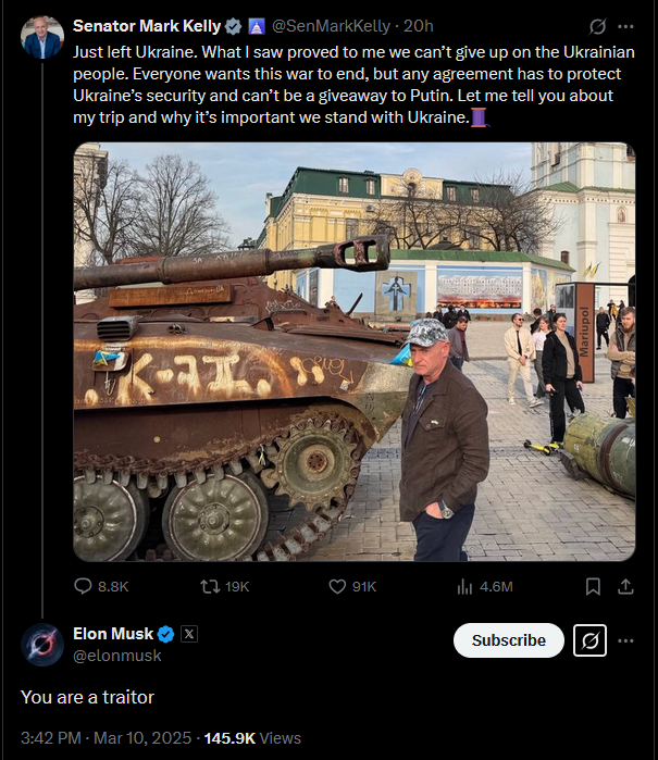 Elon Musk, a South African oligarch, unironically calling Mark Kelly - a US senator, Iraq War combat pilot, and Space Shuttle commander - a 'traitor' is K-hole-level delusion.