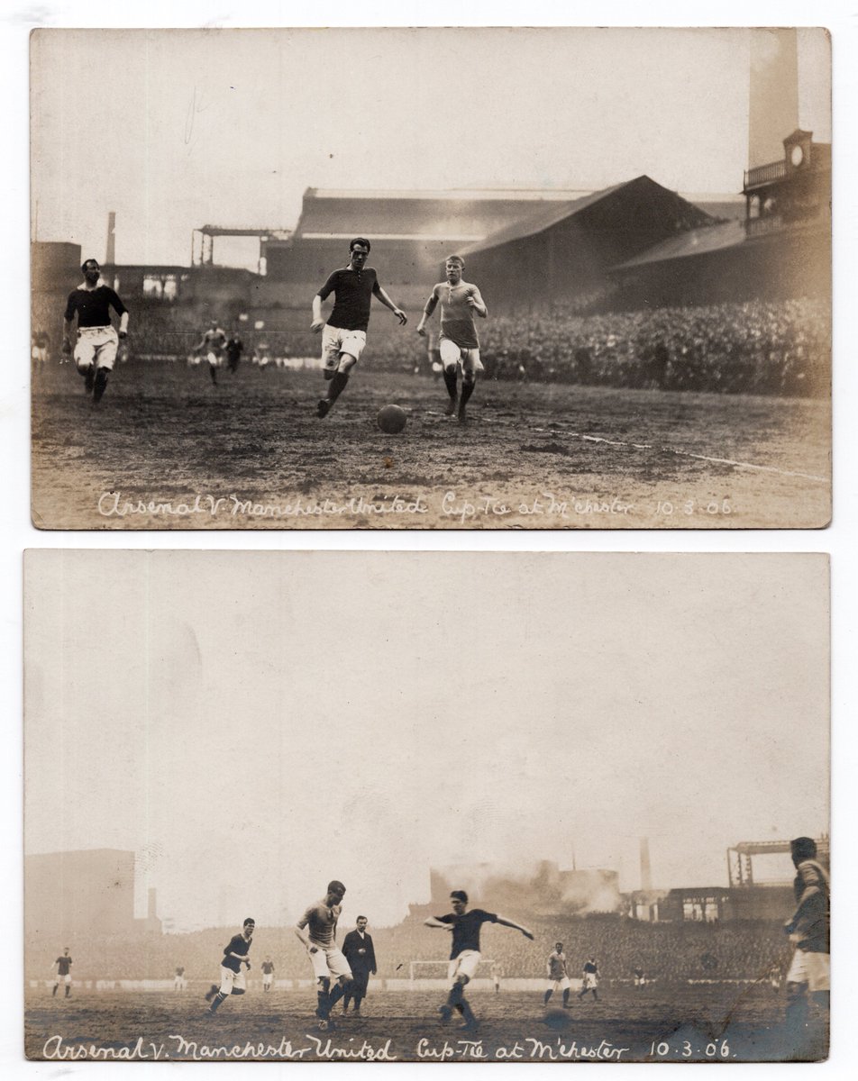 Two rare postcards showing Manchester United v Arsenal in a 4th round FA Cup replay at Bank Street on 10 March 1906. Arsenal won 3 v 2. #ManUtd #MUFC
