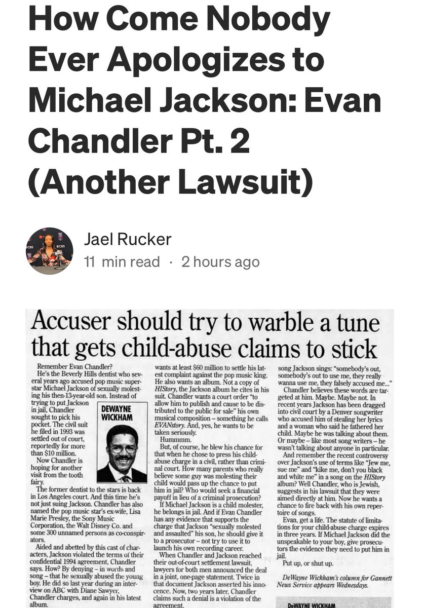 RuckerJael's tweet image. How Come Nobody Ever Apologizes to MJ: Evan’s Story

Upset with MJ’s Primetime interview, Evan Chandler files a 2nd lawsuit, which includes demands of him making an album called EVANstory with “Duck Better Blues” and You Have No Defense (For My love) as potential songs 🙃

Link