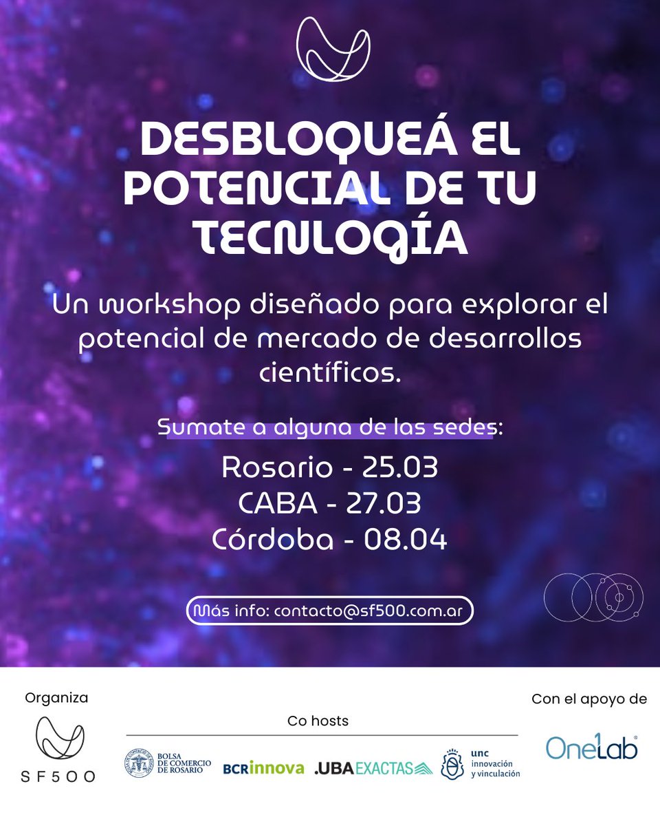 SUMATE A LA RONDA DE WORKSHOPS BIOTECH 🚀
Si tenés una idea con potencial global, ¡este espacio es para vos!

📅 25/3 | 10 a 13 hs
📍 Auditorio Bolsa de Comercio de Rosario (Paraguay 755 ,Rosario)
🎟️ Cupos limitados | Inscribite acá: sf500.notion.site/189e5ed4458480…