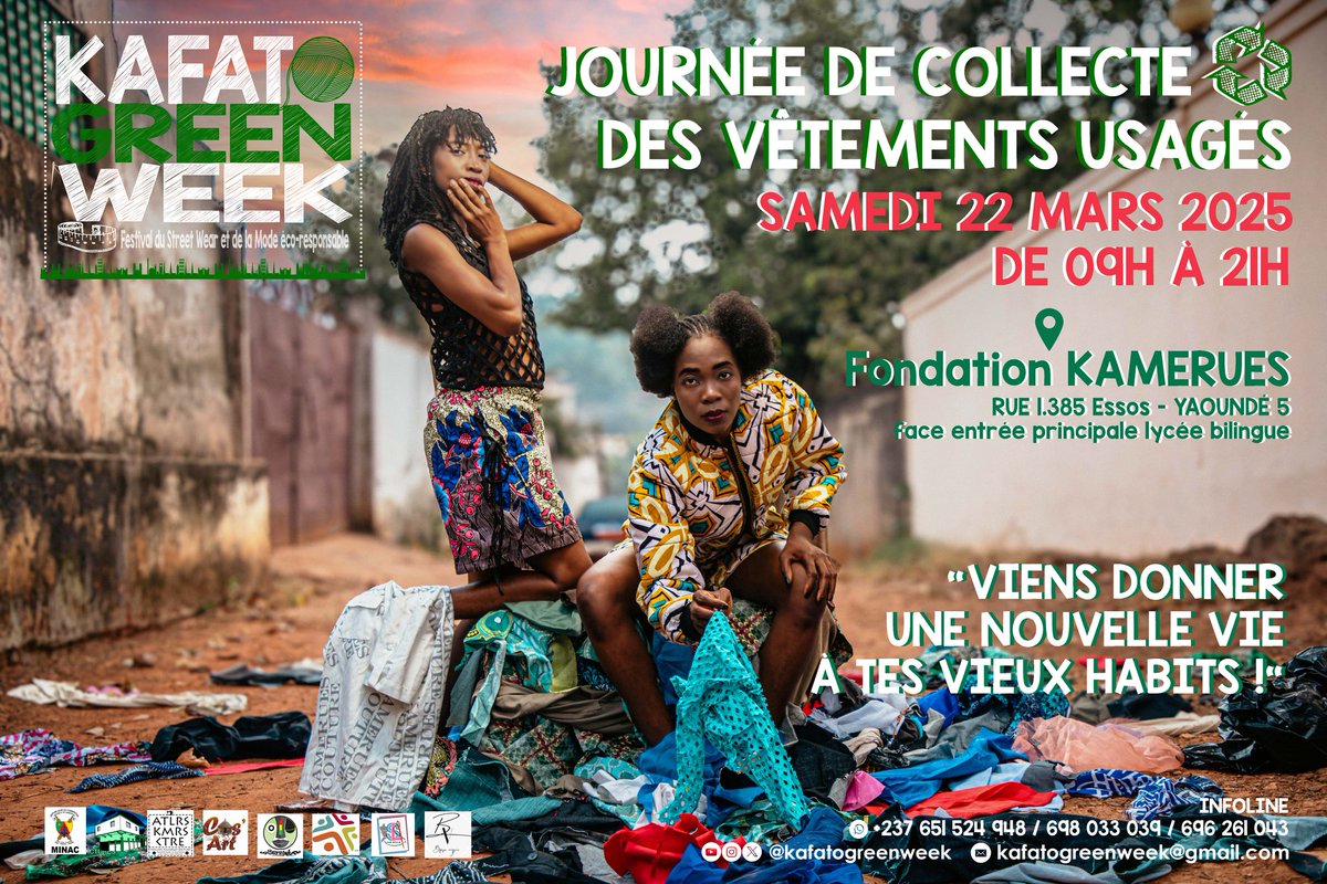 FdnKAMERUES's tweet photo. Venez nombreux avec vos vêtements en bon état ou usés, et contribuez à un avenir plus durable au Cameroun 🇨🇲♻️
Chaque textile recyclé est un pas vers un Cameroun plus vert ! 🍃 @KafatoGreenWeek #RECYCLEAM♻️ 

1kg de vêtement = 1 invitation au défilé Éco-Fashion 237 ♻️🇨🇲 https://t.co/0t0DvjBz7O