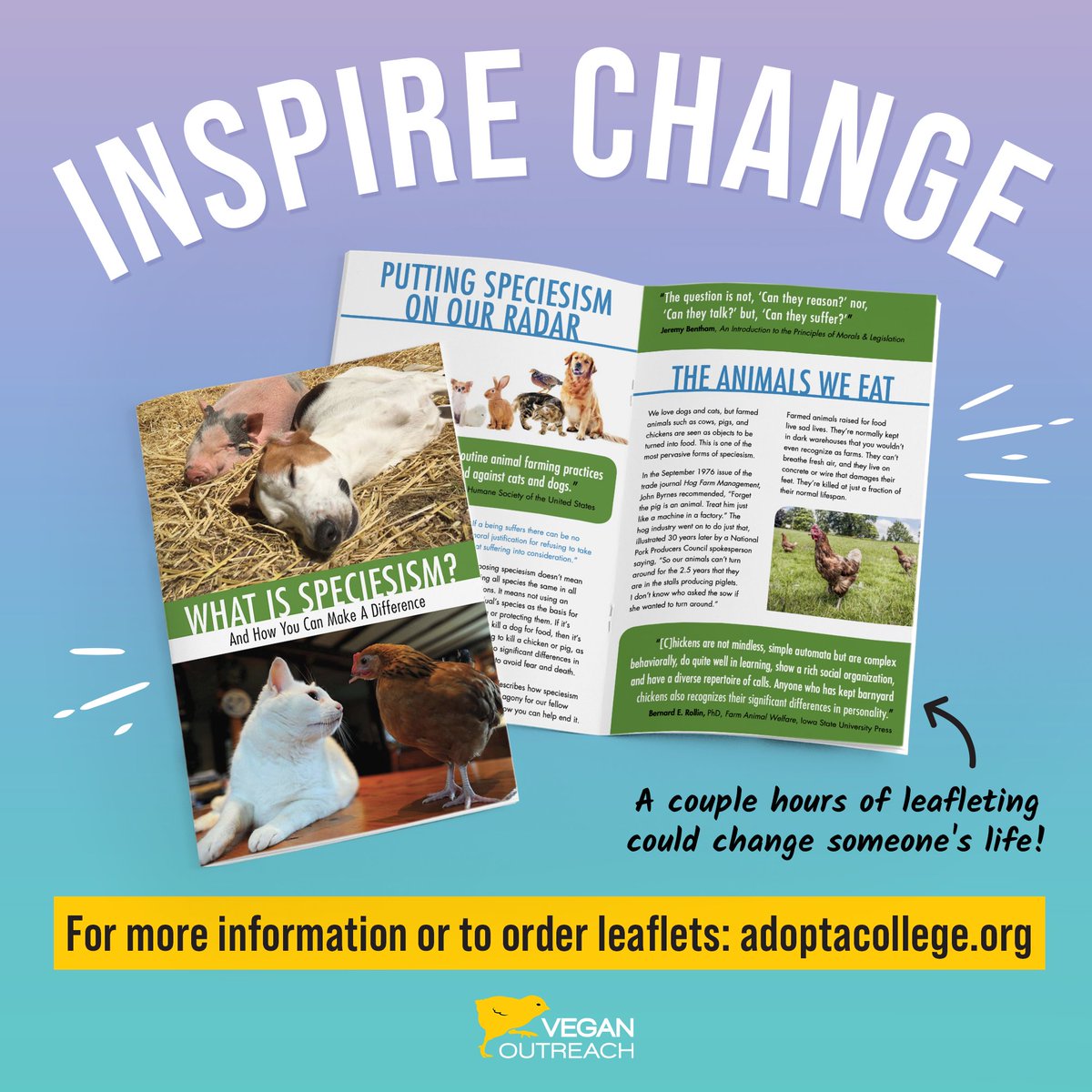 veganoutreach's tweet image. Ever want to volunteer to help people go vegan? We have the perfect opportunity for you!
Head over to adoptacollege.org, order leaflets, and grab friends to pass them out after concerts, community events, or anywhere there are a lot of people.