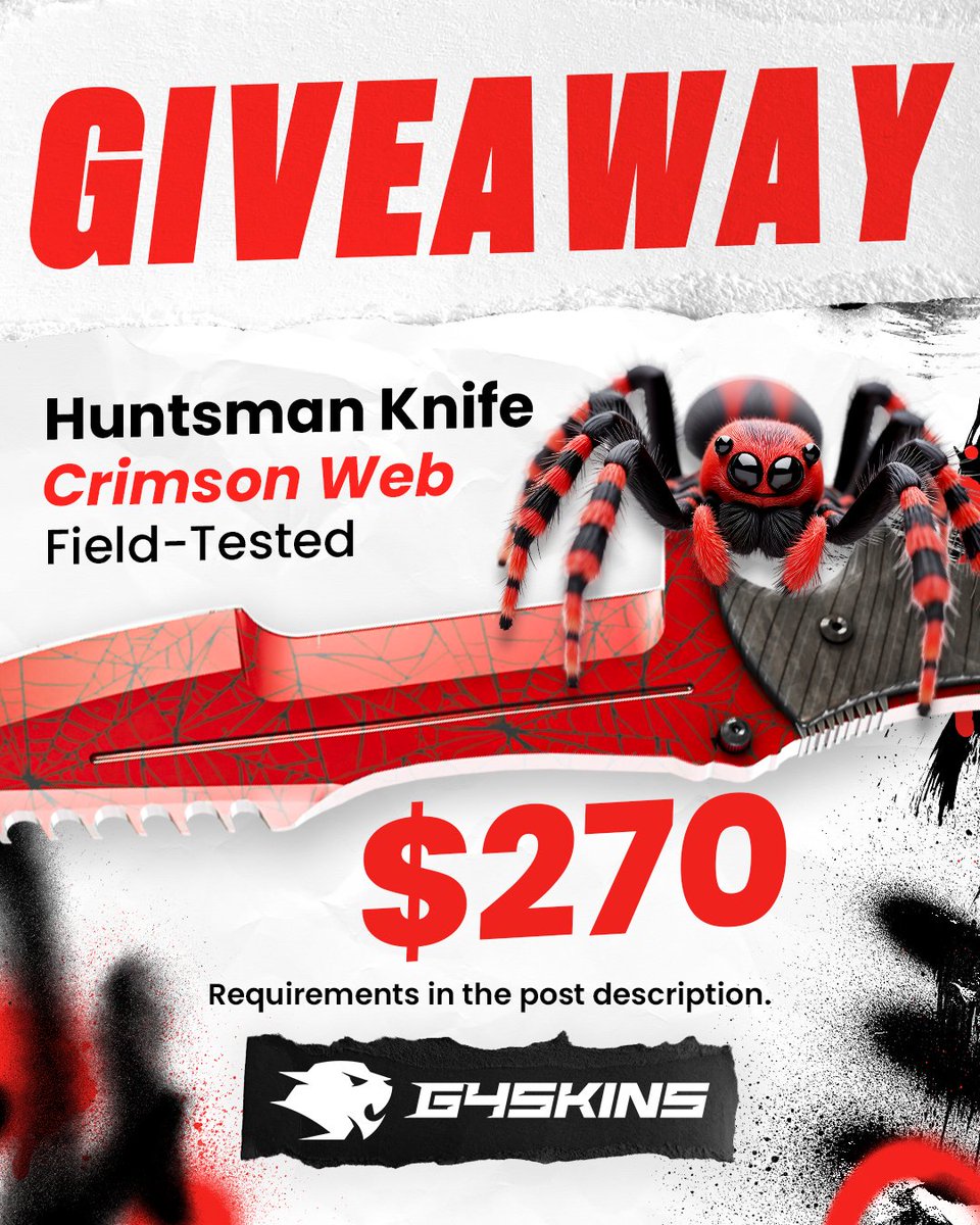 EdwardCSGOD's tweet photo. GIVEAWAY „Huntsman Knife Crimson web FT“  Conditions are very simple!
➡️ Follow me @EdwardCSGOD &amp; @g4skinsdotcom
➡️ Retweet this Post
➡️Tag 2 Friends

GIVEAWAY ends on 27.03.25! The winner will be drawn by a bot! https://t.co/XqqkpCUvTh