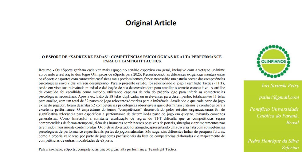 O primeiro artigo científico do mundo de alto rendimento em TFT É BRASILEIRO!

Muito feliz com essa conquista, e esse é só o primeiro passo! Essa pesquisa abre um caminho para:
Recrutamento e seleção
Treinamento e desenvolvimento de habilidades (coachs!)
Avaliação de desempenho