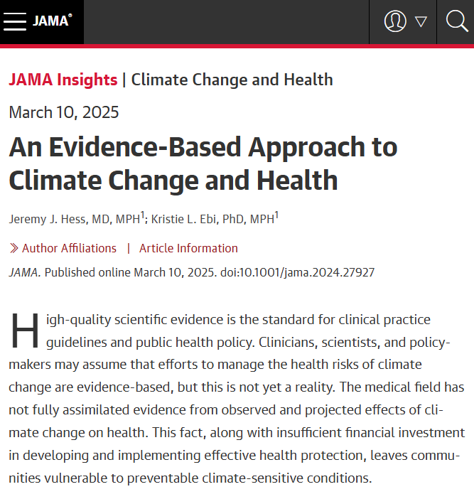 JAMA_current's tweet photo. JAMA Insights: Efforts to manage health risks from climate change are not yet fully evidence-based, leaving communities vulnerable to preventable climate-sensitive conditions. 

https://t.co/P8afq5zmlP https://t.co/jac0coM2k6