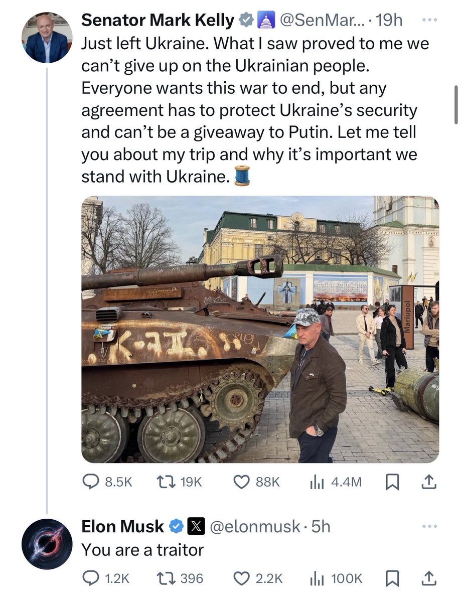 Inmiddels ben je volgens Musk een landverrader als je vindt dat Oekraïne gesteund moet worden en niet zomaar moet worden weggegeven aan Poetin