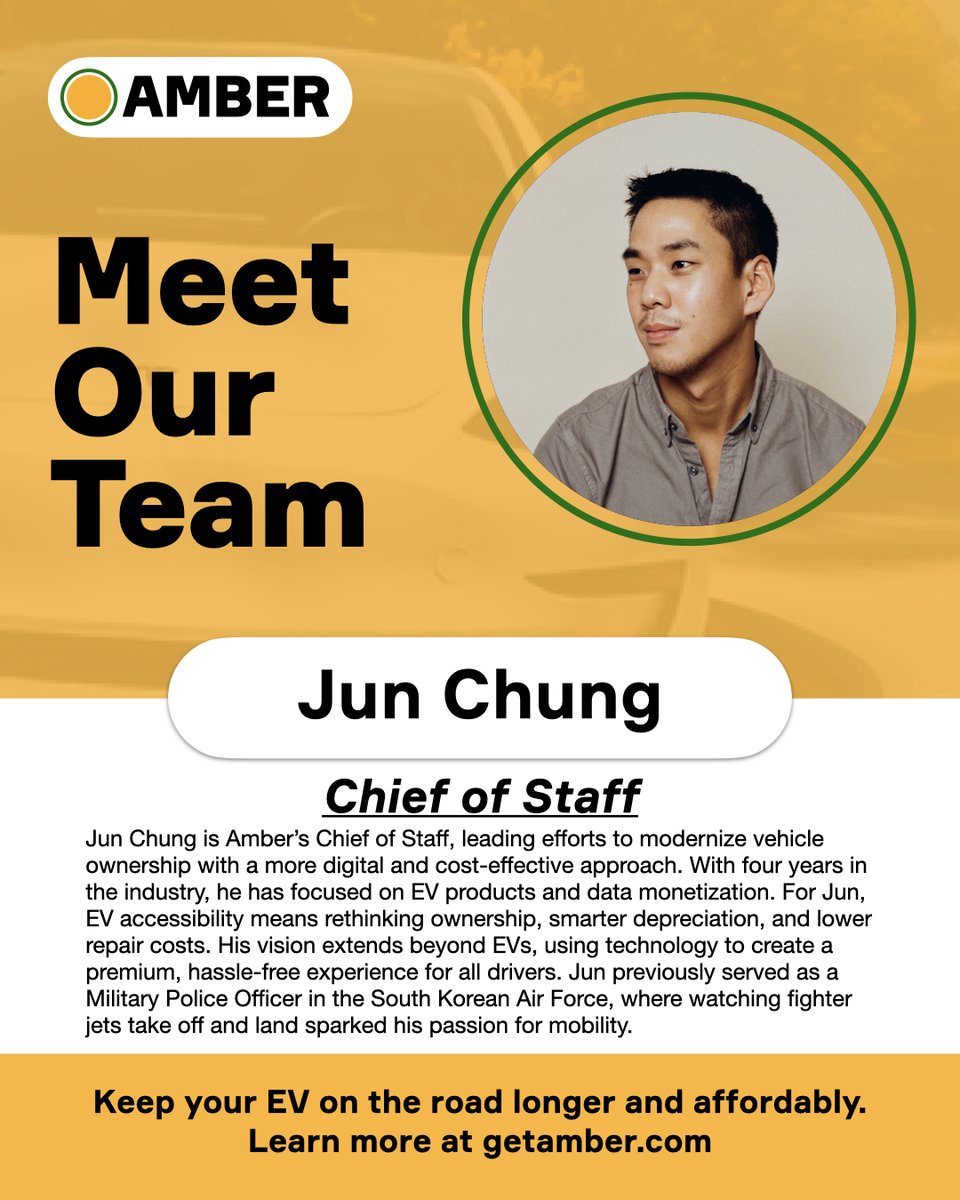 👋 Meet Our Team: The People Behind Amber ⚡🚗

Meet Jun Chung, Amber’s Chief of Staff! He’s focused on driving innovation and making EV ownership smarter, more seamless, and more accessible.

Stay tuned to meet more of the team! Learn more at getamber.com
