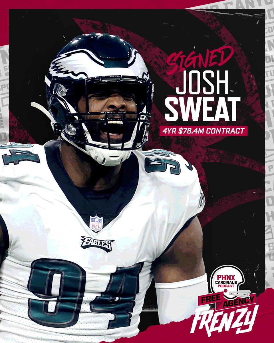 BREAKING: The Arizona Cardinals are on the board! 

The Cards have agreed to a four-year, 76.4M deal including $41M guaranteed with pass rush Josh Sweat. 

The signing reunited Sweat with Jonathan Gannon.