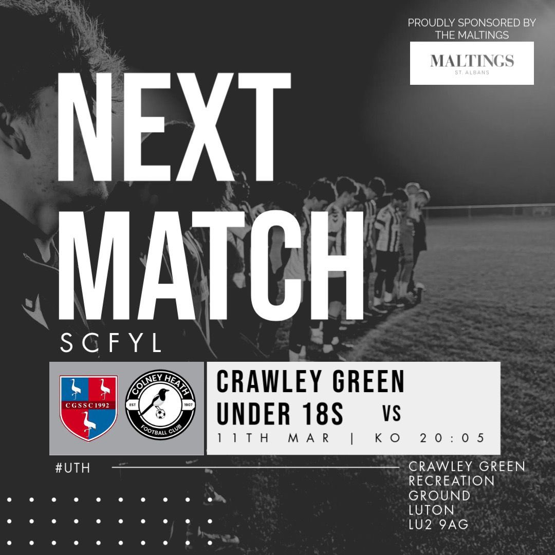🚨 NEXT MATCH ALERT! 🚨

Colney Heath U18s are back in action in the league ⚽🔥

🆚 Crawley Green U18s
📅 Tuesday 11th March
⏰ Kick-off: 20:05
📍 Crawley Green Recreation Ground, Luton (LU2 9AG)

UTH 🖤🤍