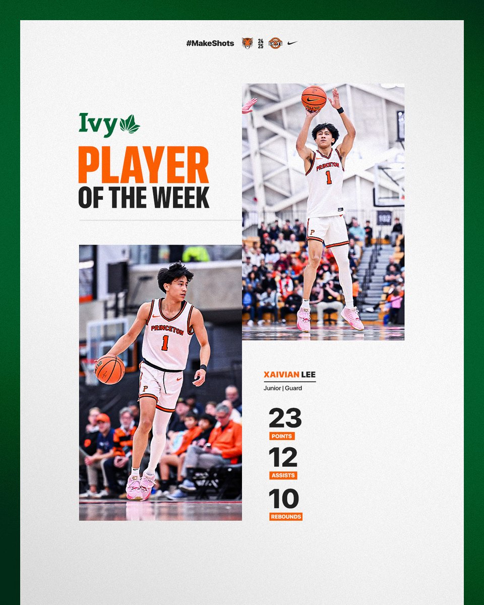 3x Ivy League Player of the Week!

<a href="/xaivianlee/">xaivian</a> is honored by the Ivy League for the third time this season after recording his second career triple double in the Tigers' victory over Penn!

🔗: tinyurl.com/2boq6omb

#MakeShots 🐯🏀
